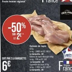 poulet fermier régional  -50%  sur  le 2e*  c11.5  6€  soit par 2 la barquette: lk 20x215  cuisses de lapin 425g  le kg: 1882 ou x2 1412  la barquelle: be  rables de lapin découpé 400g  la barquette: 