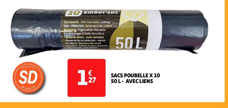 SACS POUBELLE X 10 50 L - AVEC LIENS