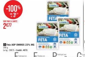 -100%  SUN  SOIT PAR 3 L'UNITÉ:  2€77  D Feta AOP OMIROS 23% MG  200 g  Le kg: 20€75-L'unité: 4€15  MIRCE  FETA  MIRCE  FETA  MIRCE  FETA 