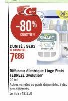 -80%  CARNOTTES  SMART  L'UNITÉ: 968300  JE CAGNOTTE:  VOL  7686  Diffuseur électrique Linge Frais FEBREZE 3volution 20 ml  Autres variétés au poids disponibles à des prix différents  Le litre 49150 