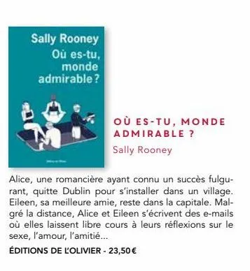 sally rooney où es-tu, monde admirable?  où es-tu, monde admirable ?  sally rooney  alice, une romancière ayant connu un succès fulgu-rant, quitte dublin pour s'installer dans un village. eileen, sa m