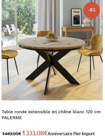 -8%  table ronde extensible en chêne blanc 120 cm palerme 