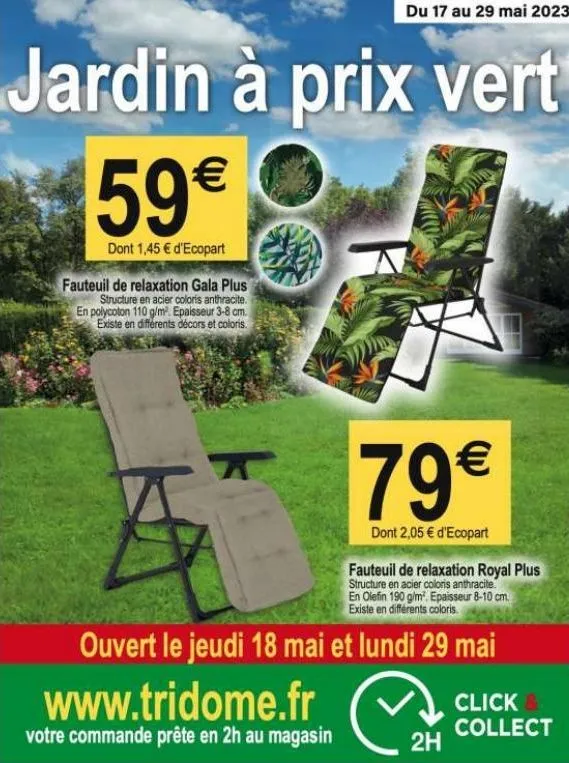 jardin à prix vert  59€  dont 1,45 € d'ecopart  fauteuil de relaxation gala plus structure en acier coloris anthracite. en polycoton 110 g/m². epaisseur 3-8 cm. existe en différents décors et coloris.