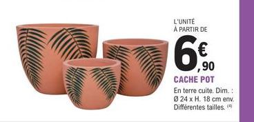 L'UNITÉ  À PARTIR DE  60  ,90  CACHE POT En terre cuite. Dim.: Ø24 x H. 18 cm env. Différentes tailles. 