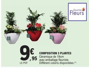 9€  LE POT  COMPOSITION 3 PLANTES Céramique de 19cm  95 avec emballage fleuriste.  Différent coloris disponibles.  Quartier  Fleurs 