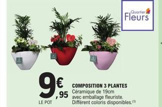 LE POT  ,95  1**  COMPOSITION 3 PLANTES Céramique de 19cm avec emballage fleuriste. Différent coloris disponibles.  Quartieri 
