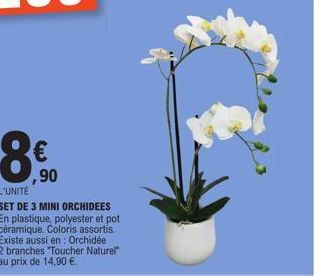 ,90  L'UNITÉ  SET DE 3 MINI ORCHIDEES  En plastique, polyester et pot céramique. Coloris assortis. Existe aussi en: Orchidée 2 branches "Toucher Naturel" au prix de 14,90 €. 