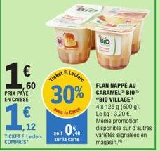 €  60  PRIX PAYE EN CAISSE  12 TICKET E.Leclerc COMPRIS  15  E.Leclere  Ticket &  30%  Avec la Cart  soit 0%  sur la carte  FLAN NAPPÉ AU CARAMEL BIO "BIO VILLAGE" 4 x 125 g (500 g) Le kg: 3,20 € Même