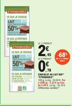 ETHIQUABLE  CE QUE JE CROQUE  LAIT  FORTE TENEUR EN CACAD  50%- MADAGASCAR GRAND CRU SAMBAND  CE QUE JE DEFENDS  UNOR inte  EN  ETHIQUABLE  CE QUE JE CROQUE LAIT  FORTE TENEUR EN CACAO  50%- h thì ch 