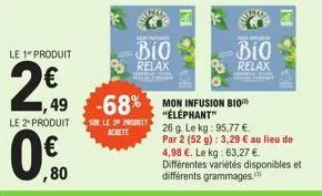 le 1" produit  2€0  49  0.0  ,80  le 2º produit sur le 20 produit achete  bio  relax  -68% mon infusion bio  bio  relax  "éléphant"  26 g. le kg: 95,77 €.  par 2 (52 g): 3,29 € au lieu de 4,98 €. le k