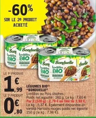 -60%  sur le 2e produit  acheté  le 1 produit  1.9.  99 le 2 produit  0%  bon lebiles  lentilles  bio bio  stukje  bonduell  14  légumes bio "bonduelle" lentilles ou pois chiches.  poids net égoutté: 