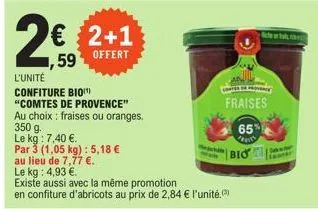 2+1  offert  1,59  l'unité  confiture bio "comtes de provence" au choix : fraises ou oranges.  350 g.  le kg: 7,40 €.  par 3 (1,05 kg) : 5,18 €  au lieu de 7,77 €.  le kg: 4,93 €.  existe aussi avec l