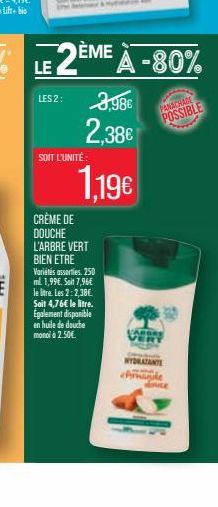 LE 2ÈN DEME A-80%  SOIT L'UNITÉ:  3,98€ 2,38€  1.19€  CRÈME DE  DOUCHE L'ARBRE VERT BIEN ETRE  Variétés asserties.250 ml. 1,99€. Soit 7,96€ le litre. Les 2:2,38€. Soit 4,76€ le litre. Également dispon