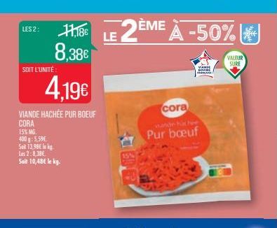 LES 2:11,186 8,38€  SOIT L'UNITÉ  4,19€  VIANDE HACHÉE PUR BOEUF  CORA 15% MG. 400g: 5,59€  Sat 13,98€ le k  Les 2:8,30€ Soil 10,48€ le kg.  LE 2ÈME À -50% A  cora  YAN  Pur bœuf  VALEUR  SURE 