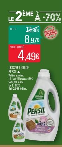 SOIT L'UNITÉ  4,49€  LESSIVE LIQUIDE PERSILA Variétés assorties. 1.81 soit 40 lavages: 6,90€ Soit 3,84€ le litre.  Les 2:8,97€. Sait 2,50€ le litre.  PERSA  PANACHAGE POSSIBLE  PERSIL  AMORT KAME 