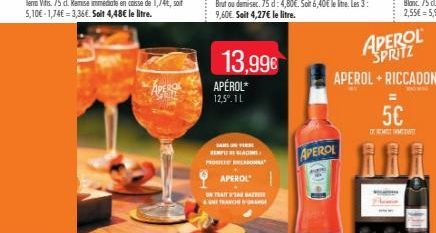 APERO  13,99€  APÉROL* 12,5%. 1 L  SAMSVER REMPLAC PROSIN  APEROL  UN TRAITA SAT  UNTRANCH  APEROL 