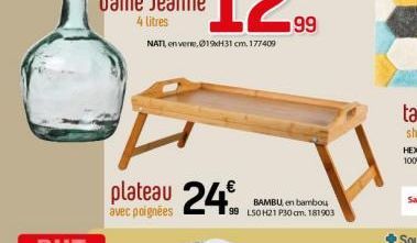 plateau 24%  avec poignées  BAMBU, en bambou 99 L50 H21 P30 cm. 181903 