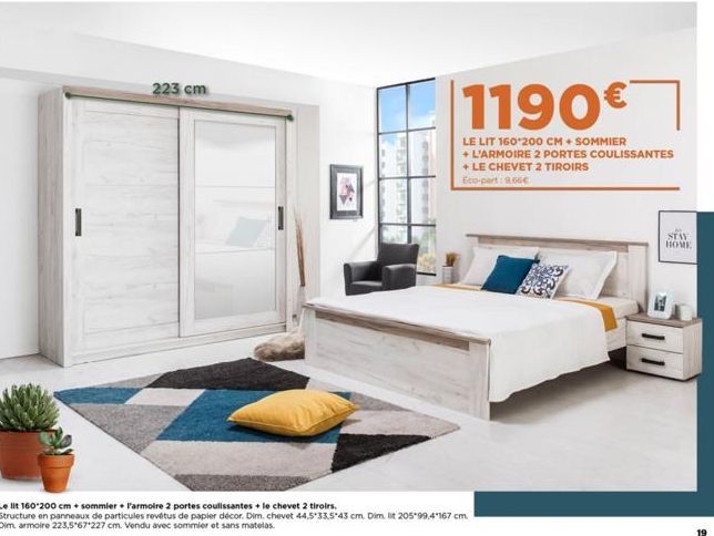 223 cm  GELEVE  1190€  LE LIT 160*200 CM + SOMMIER + L'ARMOIRE 2 PORTES COULISSANTES  +LE CHEVET 2 TIROIRS  Eco-part: 9.66€  Le lit 160*200 cm + sommier + l'armoire 2 portes coulissantes + le chevet 2