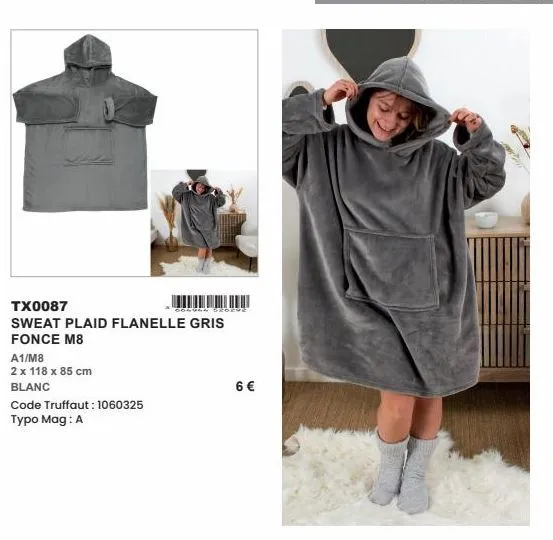 tx0087  sweat plaid flanelle gris  fonce m8  a1/m8  2 x 118 x 85 cm  blanc  code truffaut: 1060325  typo mag: a  golva sroeve  6 €  