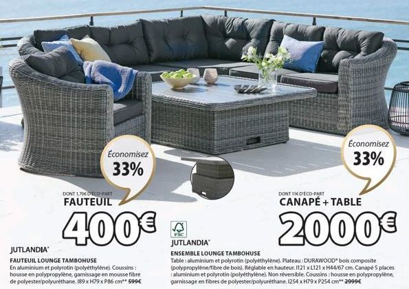 DONT 1,70€ D'ECO-PART  FAUTEUIL  400€  JUTLANDIA  FAUTEUIL LOUNGE TAMBOHUSE  En aluminium et polyrotin (polyéthylène). Coussins: housse en polypropylène, garnissage en mousse fibre de polyester/polyur