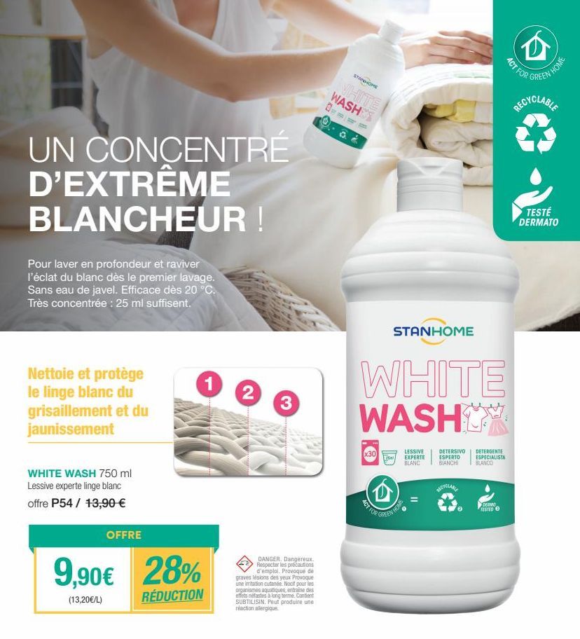 UN CONCENTRÉ D'EXTRÊME BLANCHEUR !  Pour laver en profondeur et raviver l'éclat du blanc dès le premier lavage. Sans eau de javel. Efficace dès 20 °C. Très concentrée : 25 ml suffisent.  Nettoie et pr