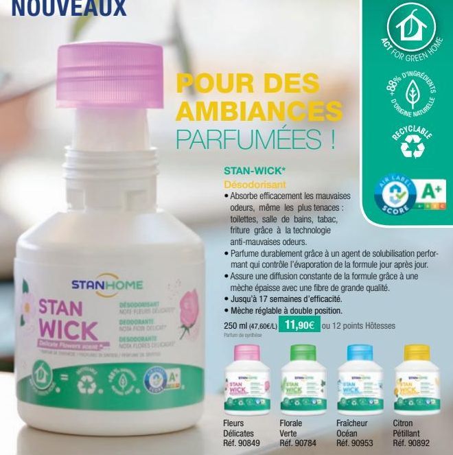 STANHOME  STAN WICK  DESODORANT NORE FLEURS DE DEODORANTE NOM FOR DELICA DESODORANTE NOOK FLORES DECOUP  POUR DES AMBIANCES PARFUMÉES !  A  STAN-WICK*  Désodorisant  • Absorbe efficacement les mauvais