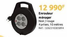 12 990F  Enrouleur  ménager Noir / rouge  4 prises. 10 mètres Ref.:3262310305894 