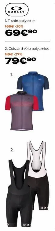 o oakley  1. t-shirt polyester 100€ -30%  69€ ⁹⁰  2. cuissard vélo polyamide 110 € -27%  79€ ⁹⁰  1.  2.  3  ba 