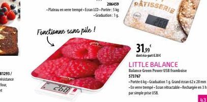 Fonctionne sans pile!  268  31,99€  dont éco-part 0.30€  LITTLE BALANCE  Balance Green Power USB framboise 573767  - Portée 6 kg-Graduation 1 g. Grand écran 62 x 28 mm - En verre trempé-Ecran rétracta