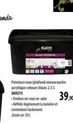 Peinture mur/plafond monocouche acrylique velours blanc 2.5 L  369215  -Finition mi-mat mi-satin  -Reflète légèrement la lumière et  s'entretient facilement. Existe en 10L  Kalitt  39,90 