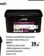 Peinture mur/plafond monocouche acrylique velours blanc 2.5 L  369215  -Finition mi-mat mi-satin  -Reflète légèrement la lumière et  s'entretient facilement. Existe en 10L  Kalitt  39,90 