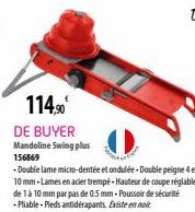 114,90€  DE BUYER  Mandoline Swing plus  156869  -Double lame micro-dentée et ondulée-Double peigne 4 et 10 mm-Lames en acier trempé-Hauteur de coupe réglable de 1 à 10 mm par pas de 0.5 mm-Poussoir d