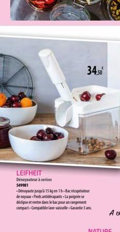 34,50⁰  LEIFHEIT Dénoyauteur à cerises 549981  -Dénoyaute jusqu'à 15 kg en 1h-Bac récupérateur de noyaux-Pieds antidérapants-La poignée se déclipse et rentre dans le bac pour un rangement compact+Comp