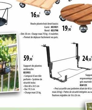 16,90€  Roule plante bois brut basics  -Dim 30 cm-Charge maxi 70 kg - 4 roulettes .Permet de déplacer facilement vos pots.  59,90€  Support de plantes anthracite  833955  -Composé d'une tôle perforée-