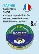 saphir  graisse 100 ml  338707  -protège et imperméabilise-pour  cuir lisse, cuir et nubuck gras-a thuile de saumon-incolore.  caisse  hp duble  saphir wa di  8,70 