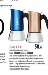 BIALETTI  58,50  Cafetière Venus 4 tasses Bleu-795584/Cuivre-795568  -En acier inoxydable 18/10, épaisseur 1.5 mm - Compatible tous feux dont induction - Nouveau bec verseur antigouttes-Poignée et pom