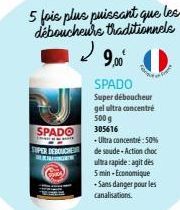 5 fois plus puissant que les déboucheurs traditionnels  SPADO  SUPER DEBOUCHER BURG  29,0⁰  SPADO Super déboucheur gel ultra concentré  500 g 305616  - Ultra concentré: 50% de soude-Action choc ultrar