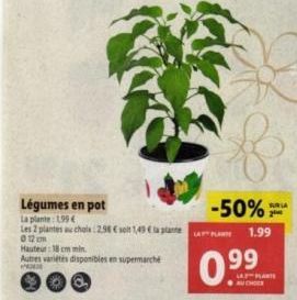 Hauteur: 18 cm min. Autres variétés disponibles en supermarché  P  Légumes en pot  La plante: 1.99 €  Les 2 plantes au chols : 2.98 € solt 1,49 € la plante  0 12 cm  -50%  SAFT PLANTE 1.99  0.99  CHOE