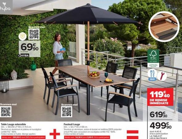 huba  Scannez-moi  O  OK  nez-moi  69%  HYBA  Table Louga extensible DL180/240x100x74,5cm Structure en aluminium et plateau en eucalyptus cert FSC 100%  Aston teinte et huilée Allange papillon  Vendu 