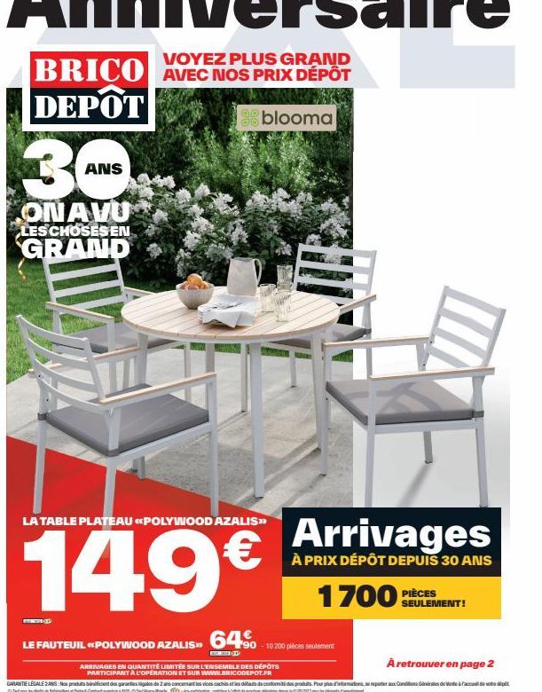 36  ONAVU  LES CHOSES EN  GRAND  ANS  (P  LA TABLE PLATEAU <<POLYWOOD AZALIS>>  149€  blooma  Arrivages  À PRIX DÉPÔT DEPUIS 30 ANS  ARRIVAGES EN QUANTITÉ LIMITÉE SUR L'ENSEMBLE DES DÉPÔTS  PARTICIPAN