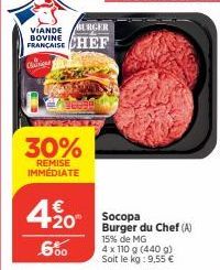 BURGER  VIANDE BOVINE  FRANCAISE CHEF  Baigu  30%  REMISE IMMÉDIATE  4.%20  600  Socopa Burger du Chef (A)  15% de MG  4 x 110 g (440 g) Soit le kg: 9,55 € 