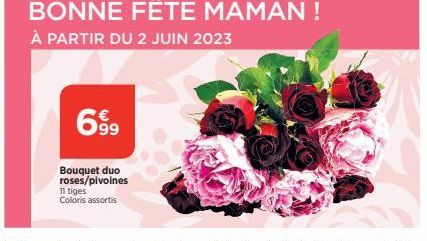 699  Bouquet duo roses/pivoines 11 tiges Coloris assortis  BONNE FÊTE MAMAN ! À PARTIR DU 2 JUIN 2023 