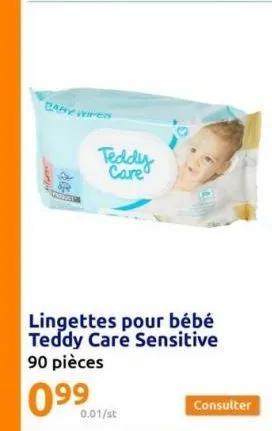 cary wipes  das  teddy care  0.01/st  lingettes pour bébé teddy care sensitive 90 pièces  0⁹9⁹  