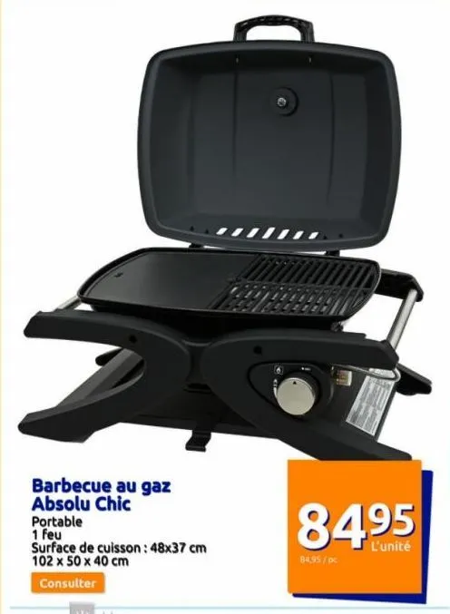 barbecue au gaz  absolu chic  portable 1 feu  surface de cuisson: 48x37 cm 102 x 50 x 40 cm  consulter  84.95  84,95/pc  l'unité  
