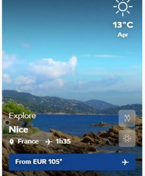 explore nice  france + 1h35  from eur 105*  13°c apr 