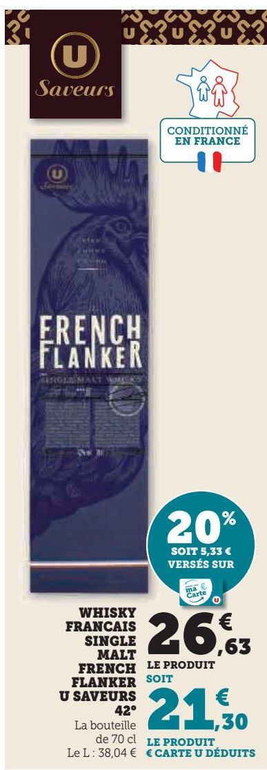 WHISKY FRANCAIS SINGLE MALT FRENCH FLANKER U SAVEURS 42°