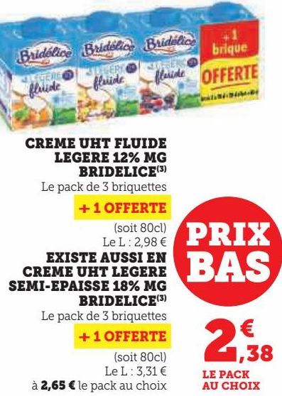 CREME UHT FLUIDE LEGERE 12% MG BRIDELICE