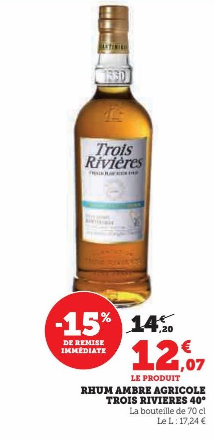 rhum ambre agricole trois rivières 40°