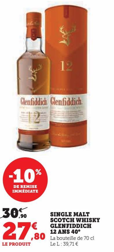 SINGLE MALT SCOTCH WHISKY GLENFIDDICH 12 ANS 40°