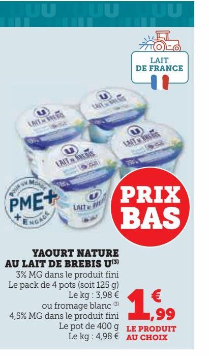 YAOURT NATURE AU LAIT DE BREBIS U